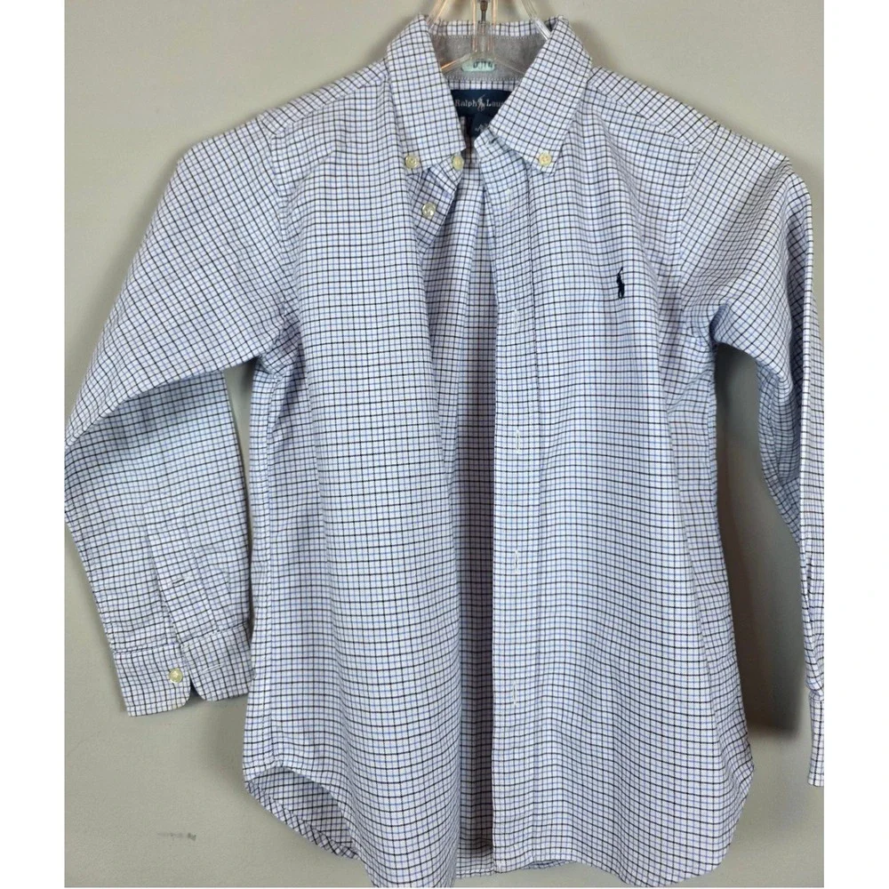 Ralph Lauren Kids Plaid Button Down Long Sleeve Shirt Size‎ 7 Blue White Preppy